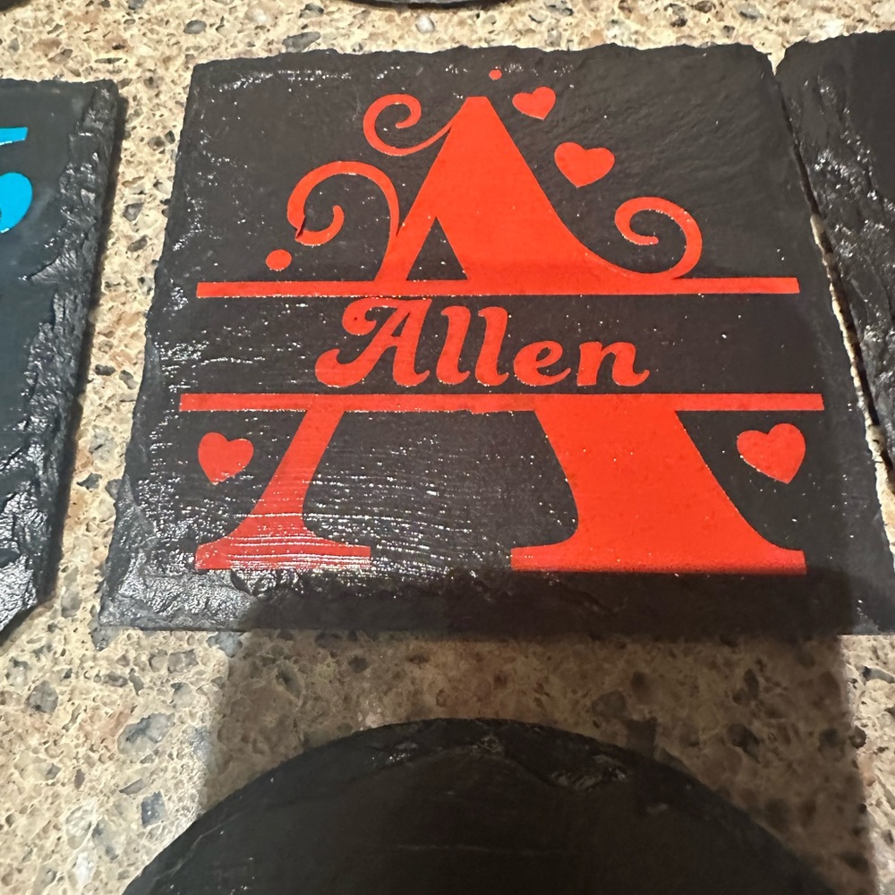 Custom Black Slate Coaster with Red Design. Let me know yourcolor and initials.